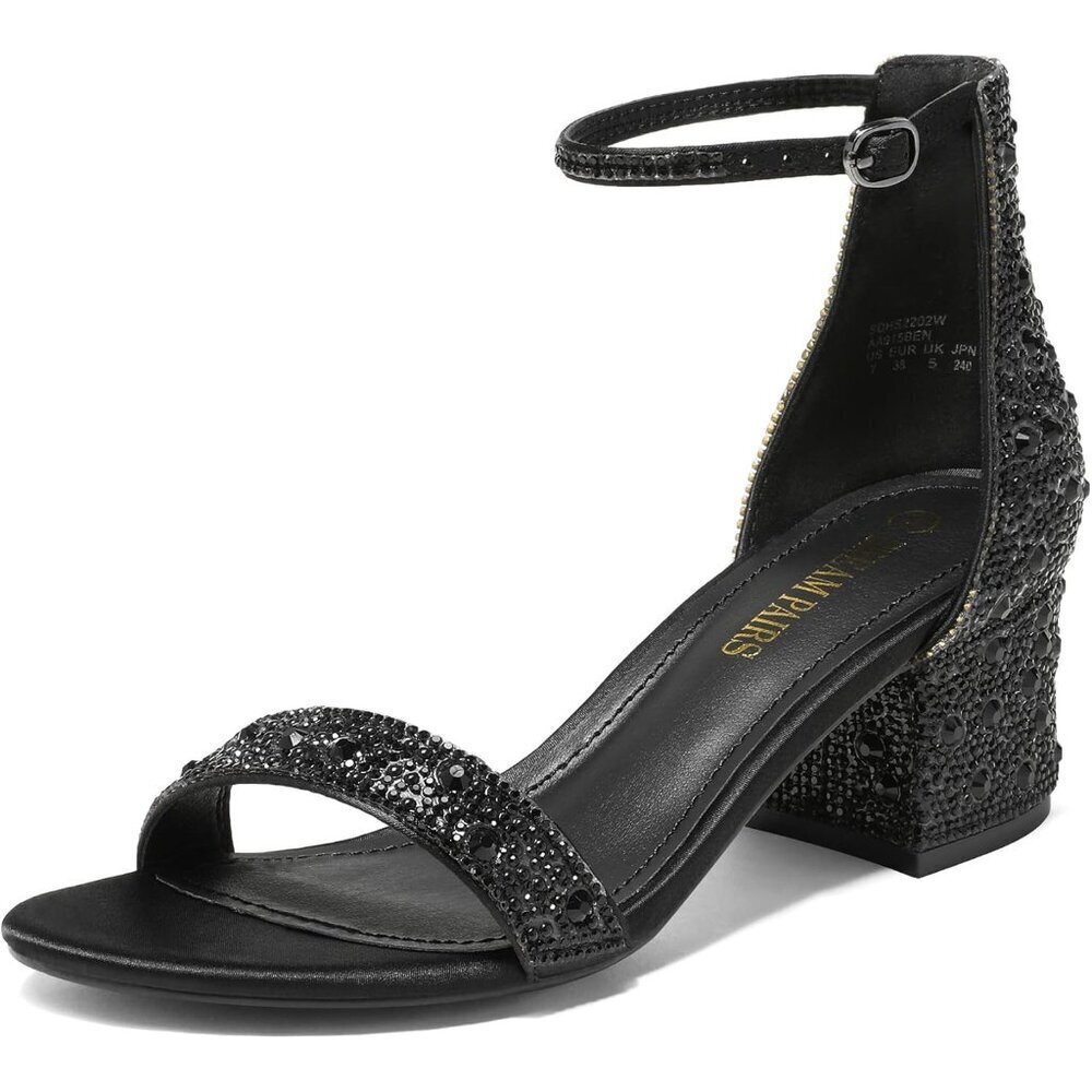 Dream Pairs Women's Black/Rhinestone Chunky Block Heel Ankle Strap Sandals Shoes